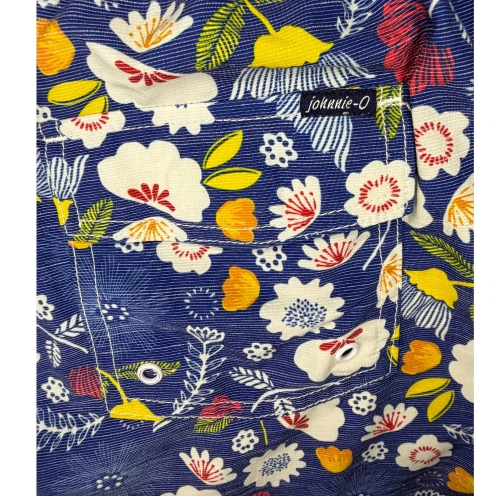 Johnnie-O Floral Swim Trunks Mens Medium Blue Board Shorts Drawstring Beach